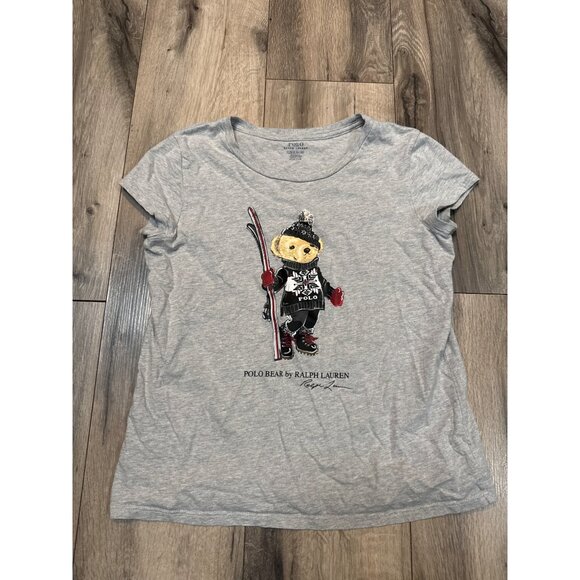 Polo Ralph Lauren Gray Polo Skiing Bear Graphic Tee Girls  L/G - Picture 1 of 6